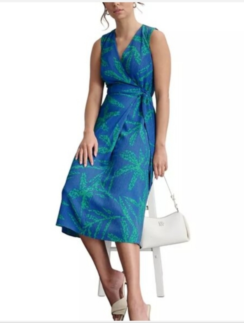 DKNY Blue & Green Tropical Leaf Faux Wrap Dress | 14W